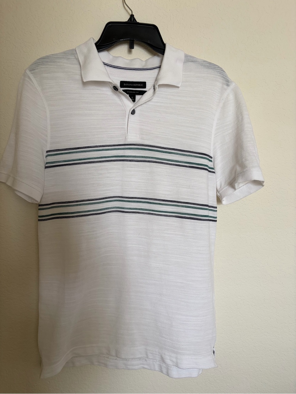 Banana Republic White Polo with Green and Navy Stripes